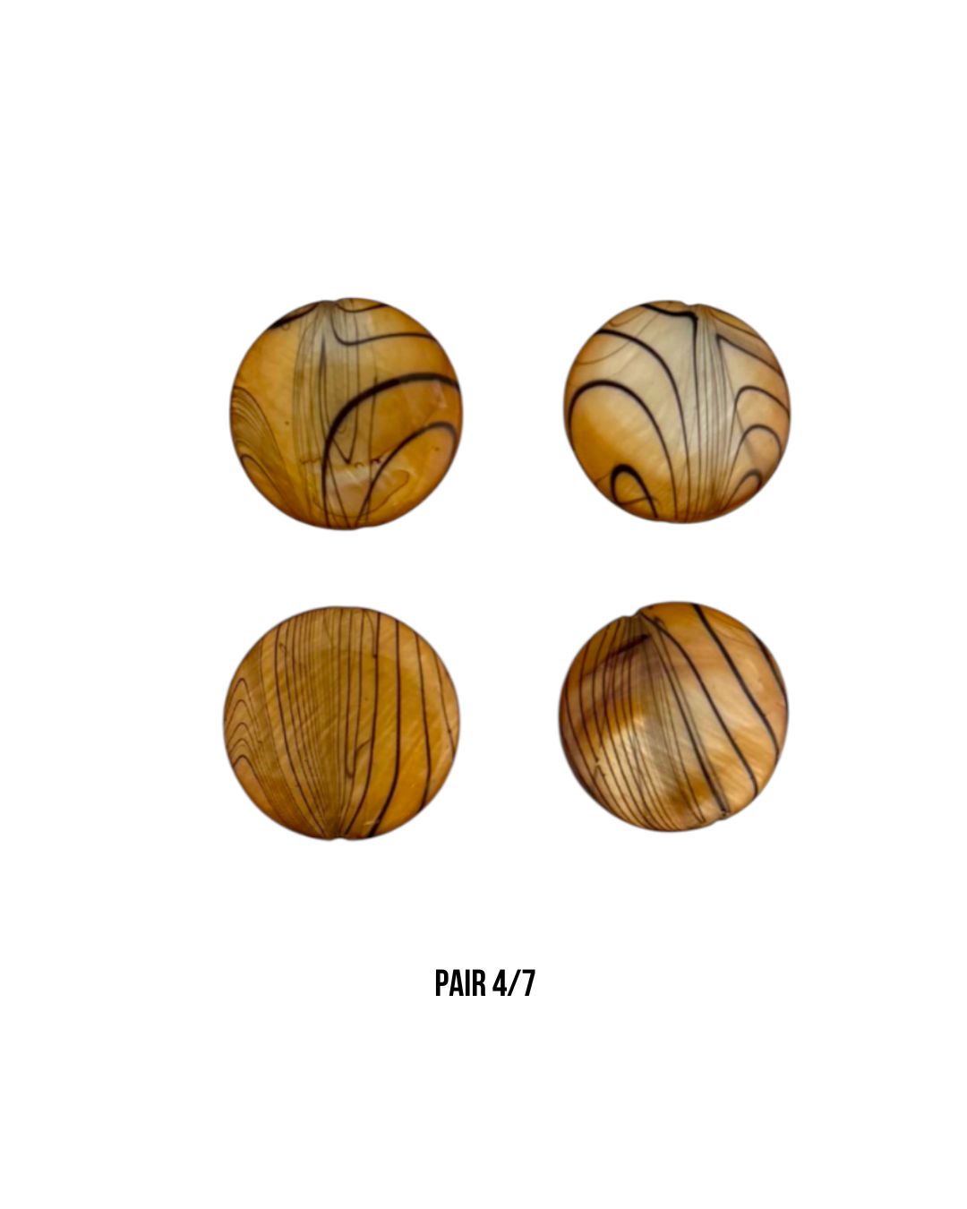 Four round wooden beads with swirling natural grain patterns in shades of brown and tan, arranged in a 2x2 grid on a white background with the text 'PAIR 4/7' below.