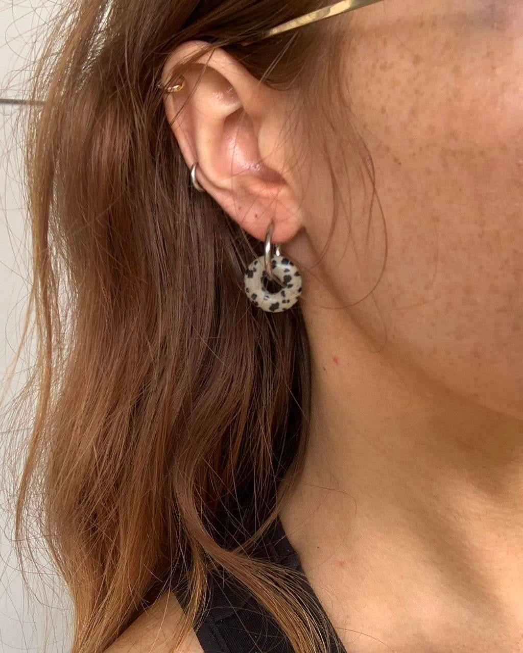 Dalmatian Jasper Hoop Earrings silver steel waterproof