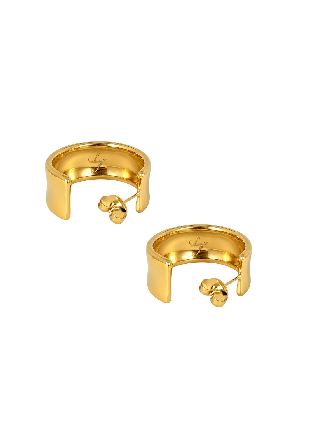 A pair of gold-toned huggie hoop earrings with a polished finish and small decorative studs, shown on a plain white background.