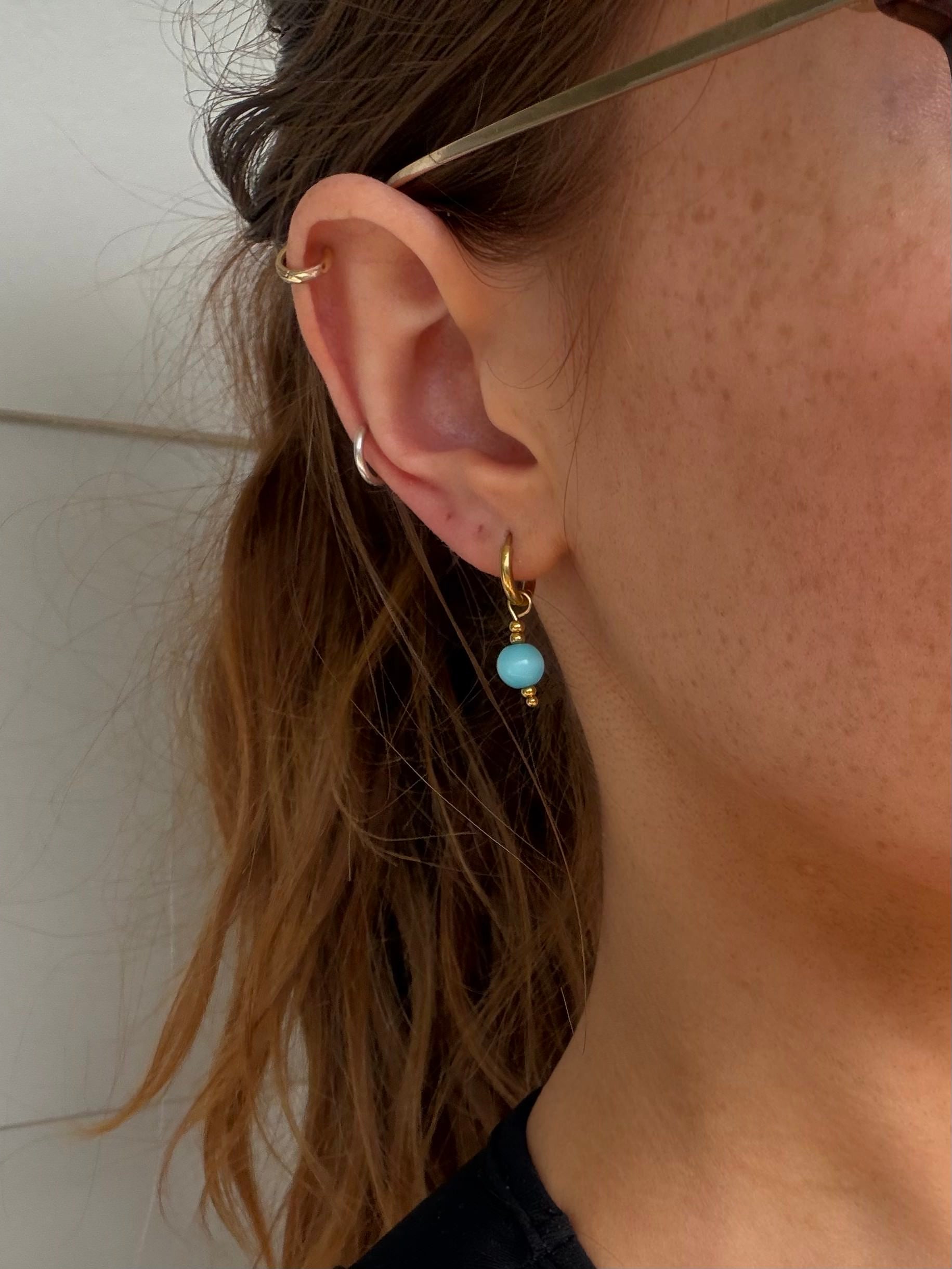 blue iridescent huggie hoop earrings vintage gold stainless steel