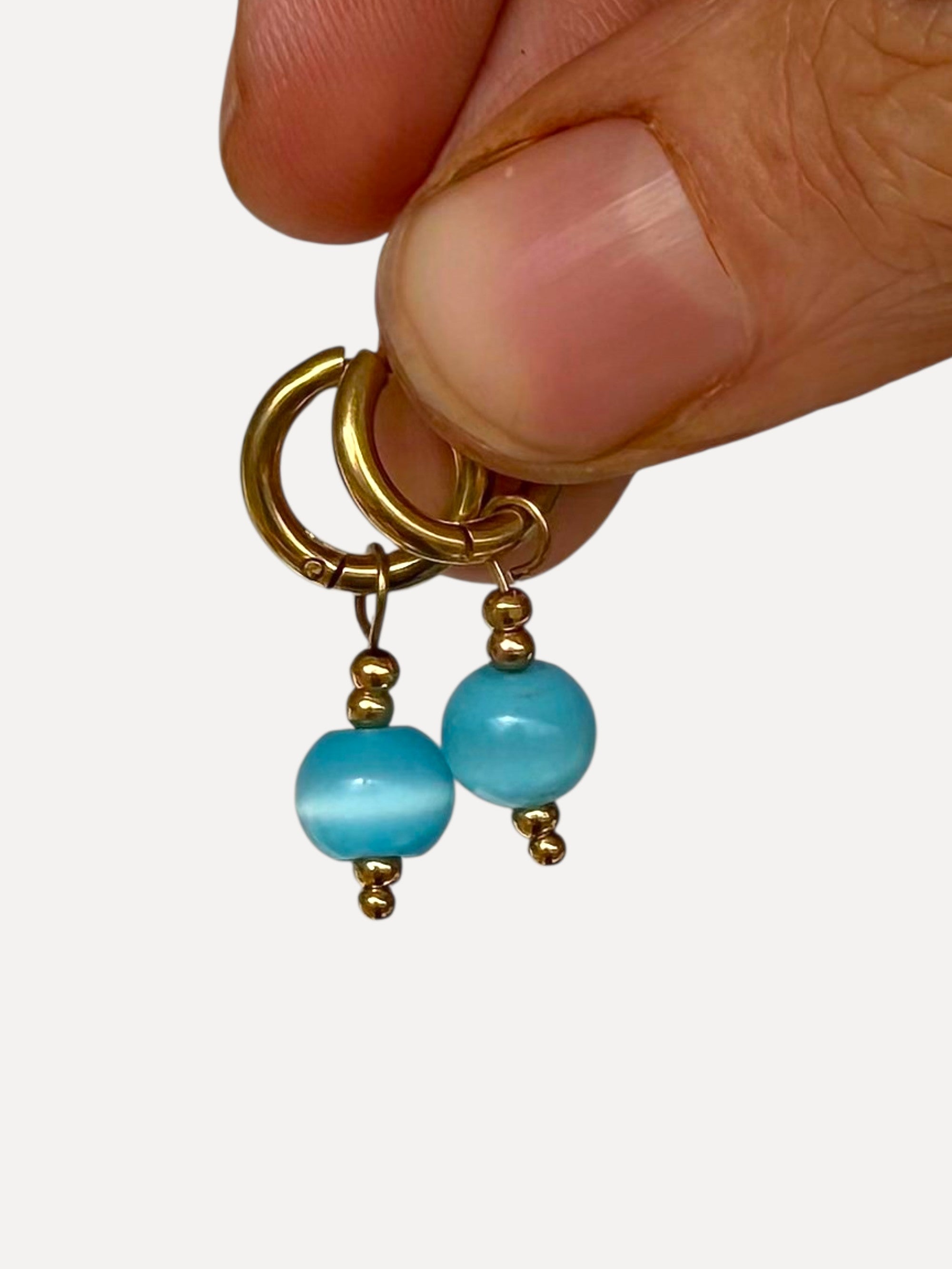 blue iridescent huggie hoop earrings vintage gold stainless steel