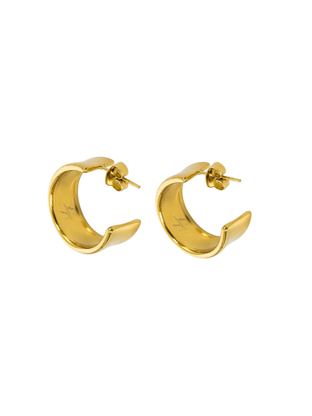 A pair of polished gold hoop earrings shown from the back on a solid white background.