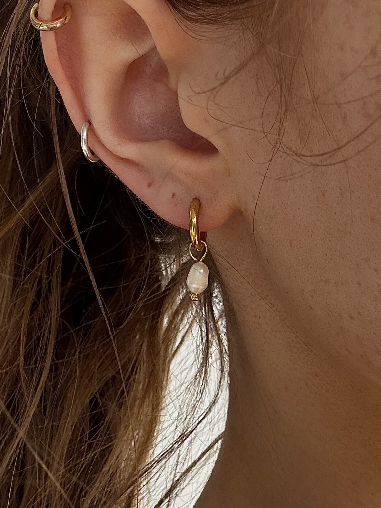 dainty pearl huggies hoop earrings waterproof