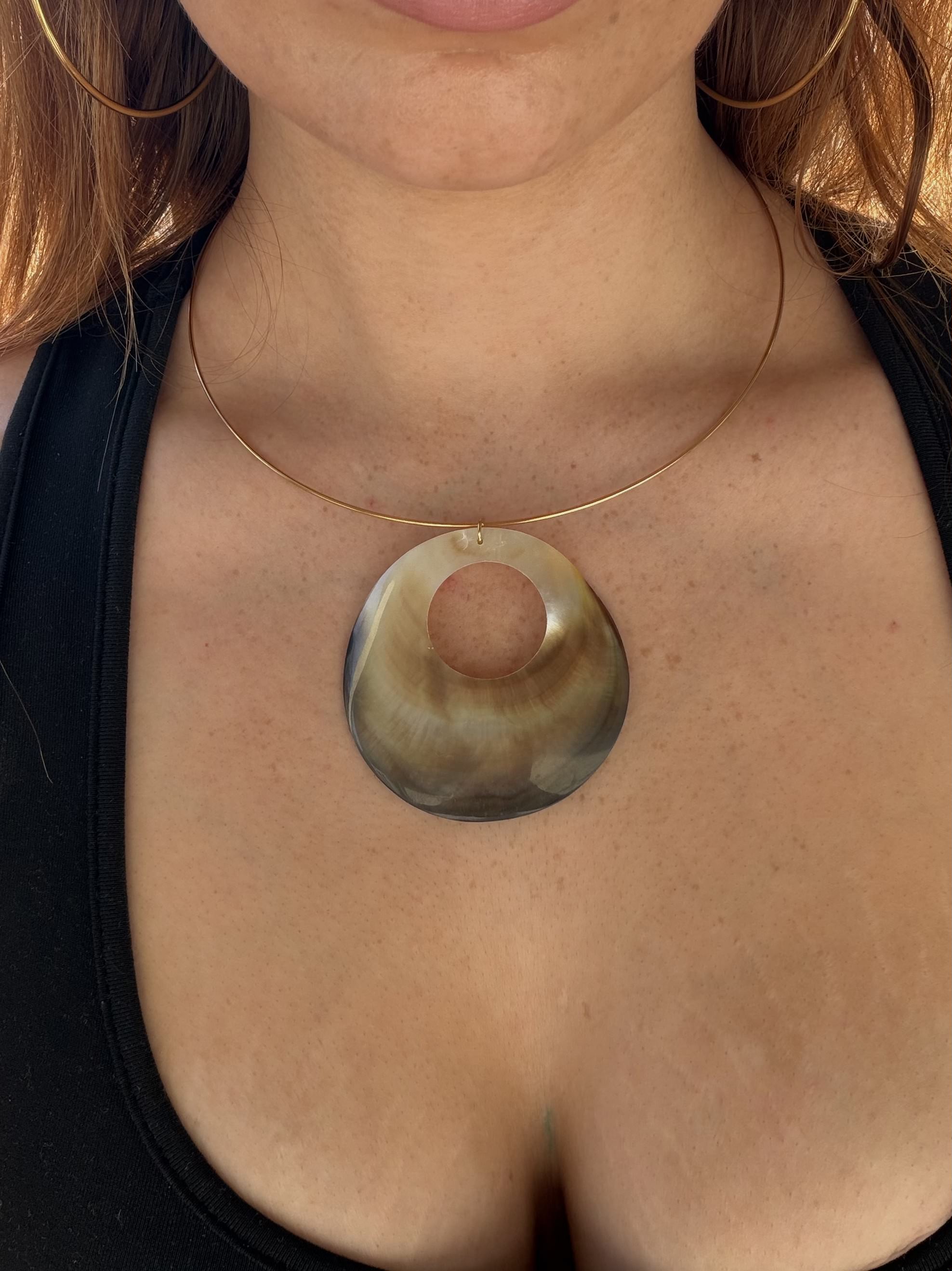 Large motherof pearl pendant on a waterproof stainless steel wire necklace.